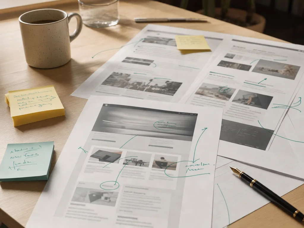Geprinte websitepagina’s met handgeschreven feedbacknotities en koffie