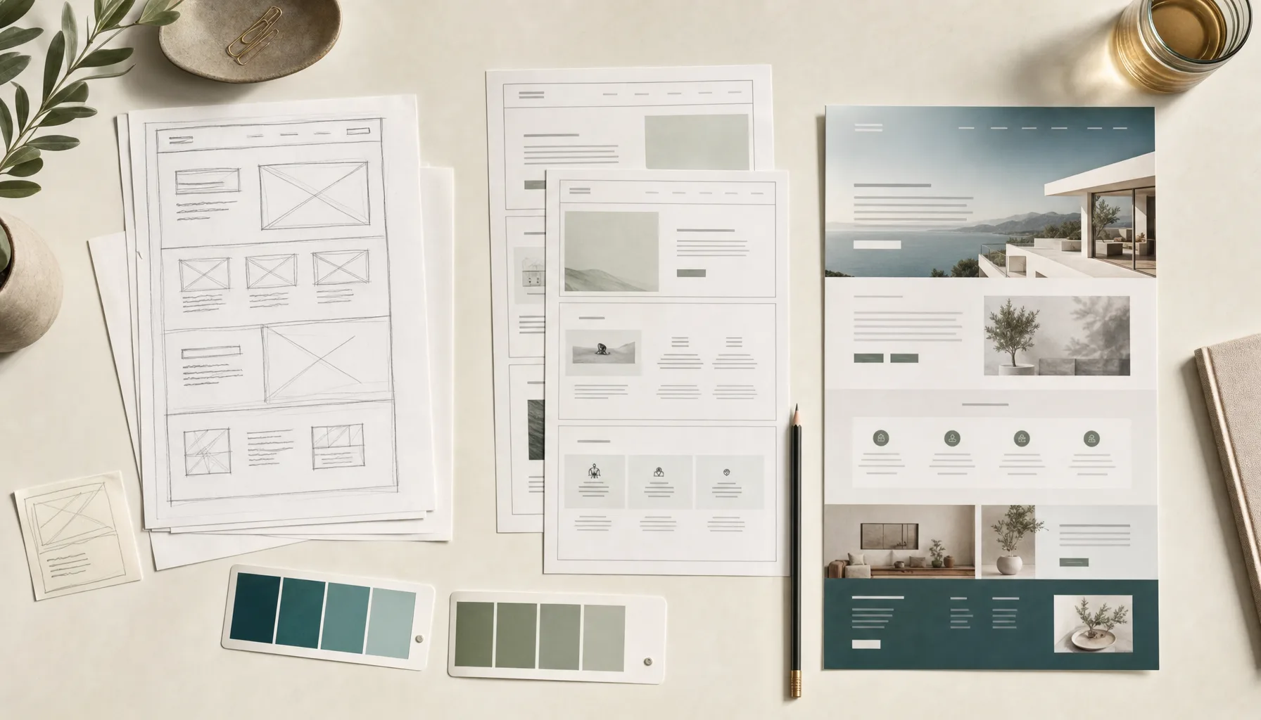 Wireframe-schetsen die uitgroeien tot een afgewerkte websitepagina