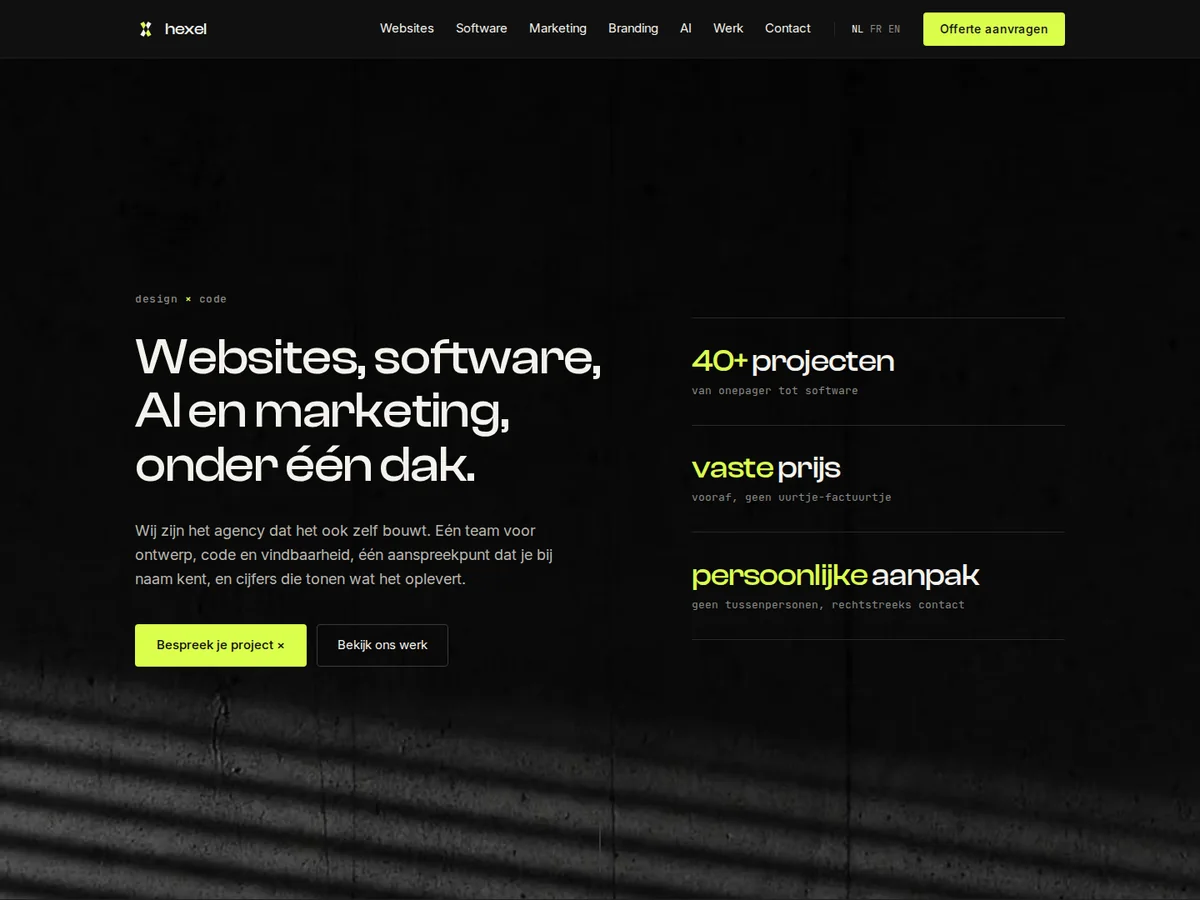 Homepagina van hexel, het bureau achter ikwil.website.