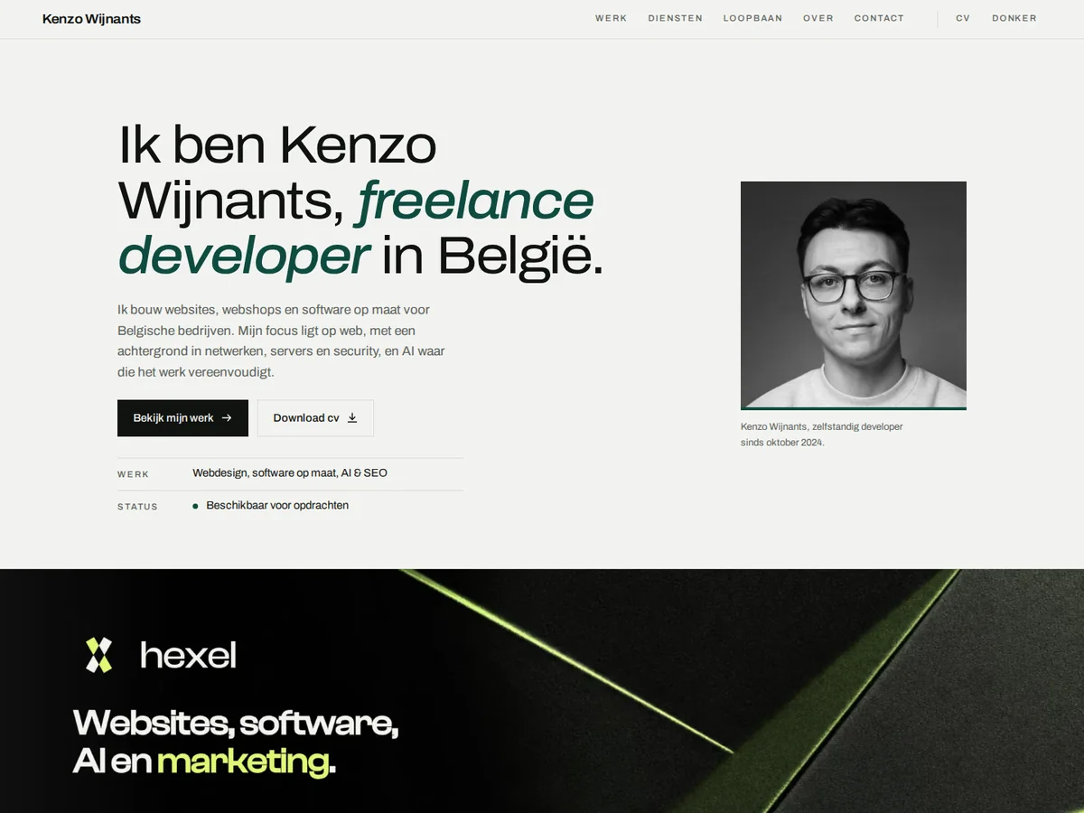 Homepagina van kenzo47.dev, het portfolio van freelance developer Kenzo Wijnants.