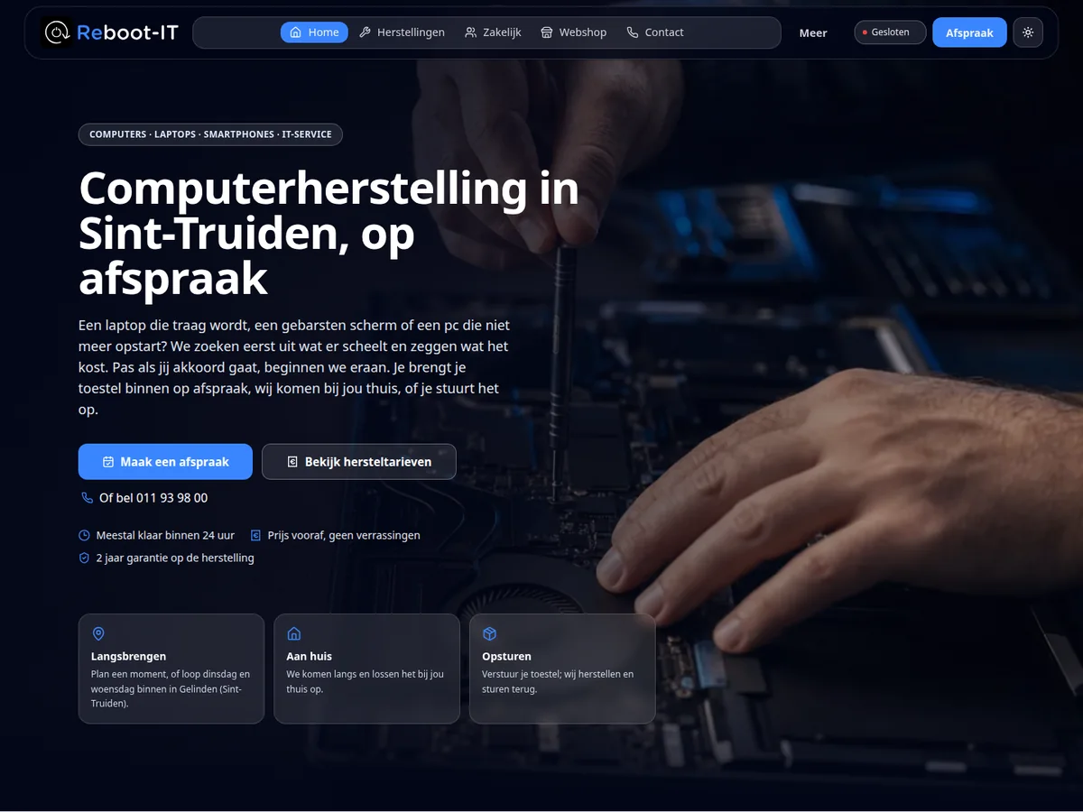 Homepagina van Reboot-IT, computerherstelling in Sint-Truiden, met de afspraakknop.